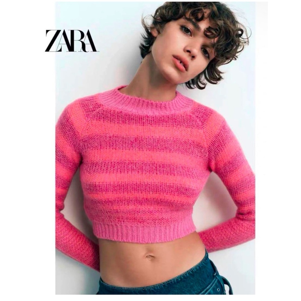 ZARA Pink Striped Crop Hippie Chic Sweater Preppy Coquette L